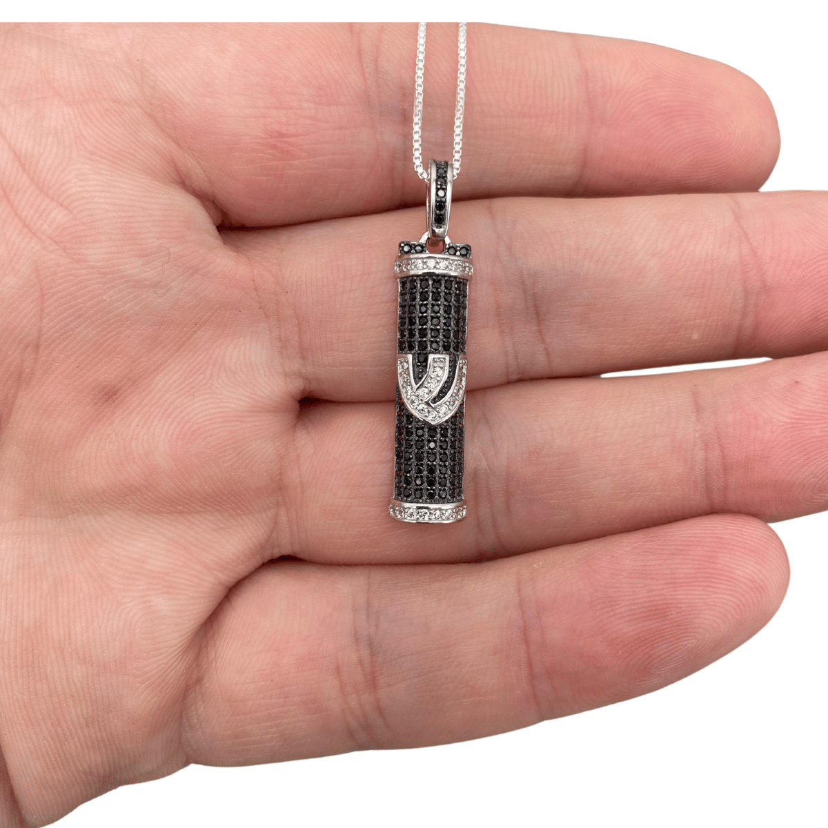 Silver and Black Mezuzah Pendant with Shin Letter