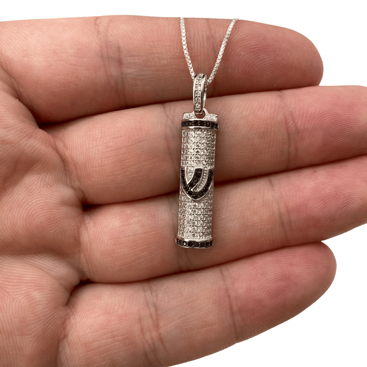 Silver and Black Mezuzah Pendant with Shin Letter