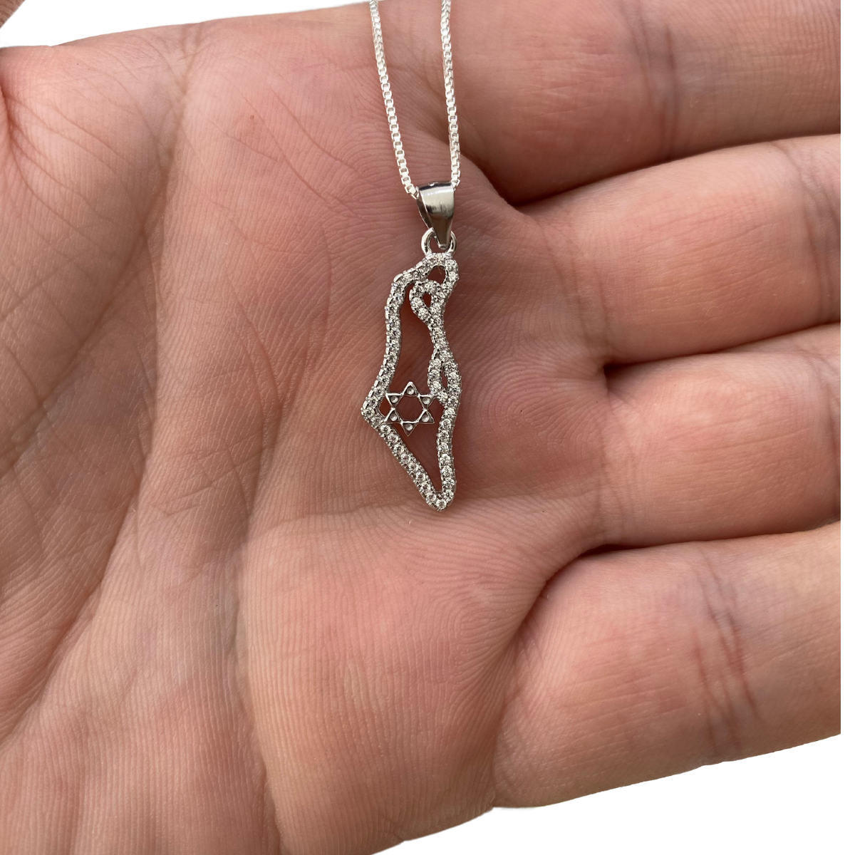 Sterling Silver Israel Map Pendant with Sparkling Pebbles and Chain