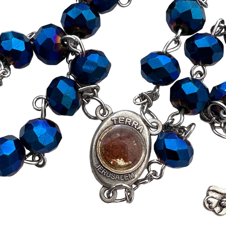 Blue Glass Crystal Beads Rosary Necklace Holy Medal Silver Plated