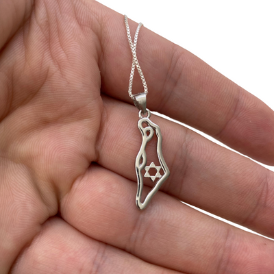 Sterling Silver Israel Map Pendant with Sparkling Pebbles and Chain