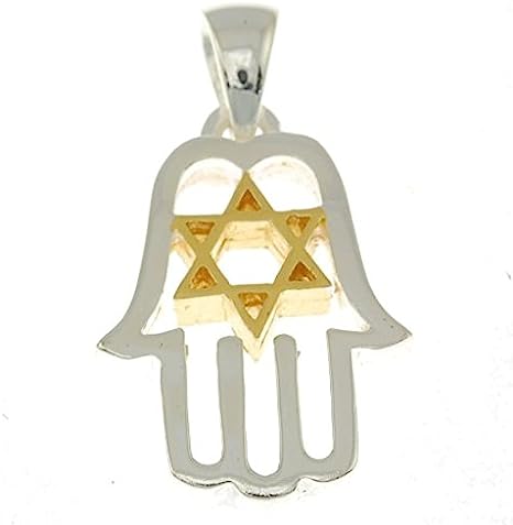 Sterling Silver Gold Hamsa Star of David Pendant + Sterling Silver Chain