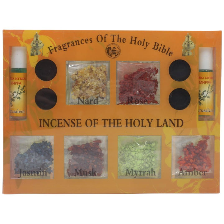 Holy Land Incense kit: 7 fragrances Nard Rose, Jasmin, Musk, Myrrah, Amber, Anointing Oils and charcoal Incenses