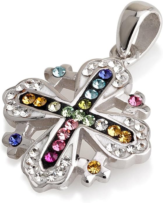 Jerusalem Cross Pendant with Multi Coloured Gemstones and 925 Sterling Silver Chain, Sterling Silver, Crystal