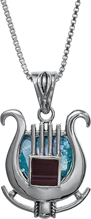 Nano Sim Old Bible Silver Pendant David's Harp with Roman Glass