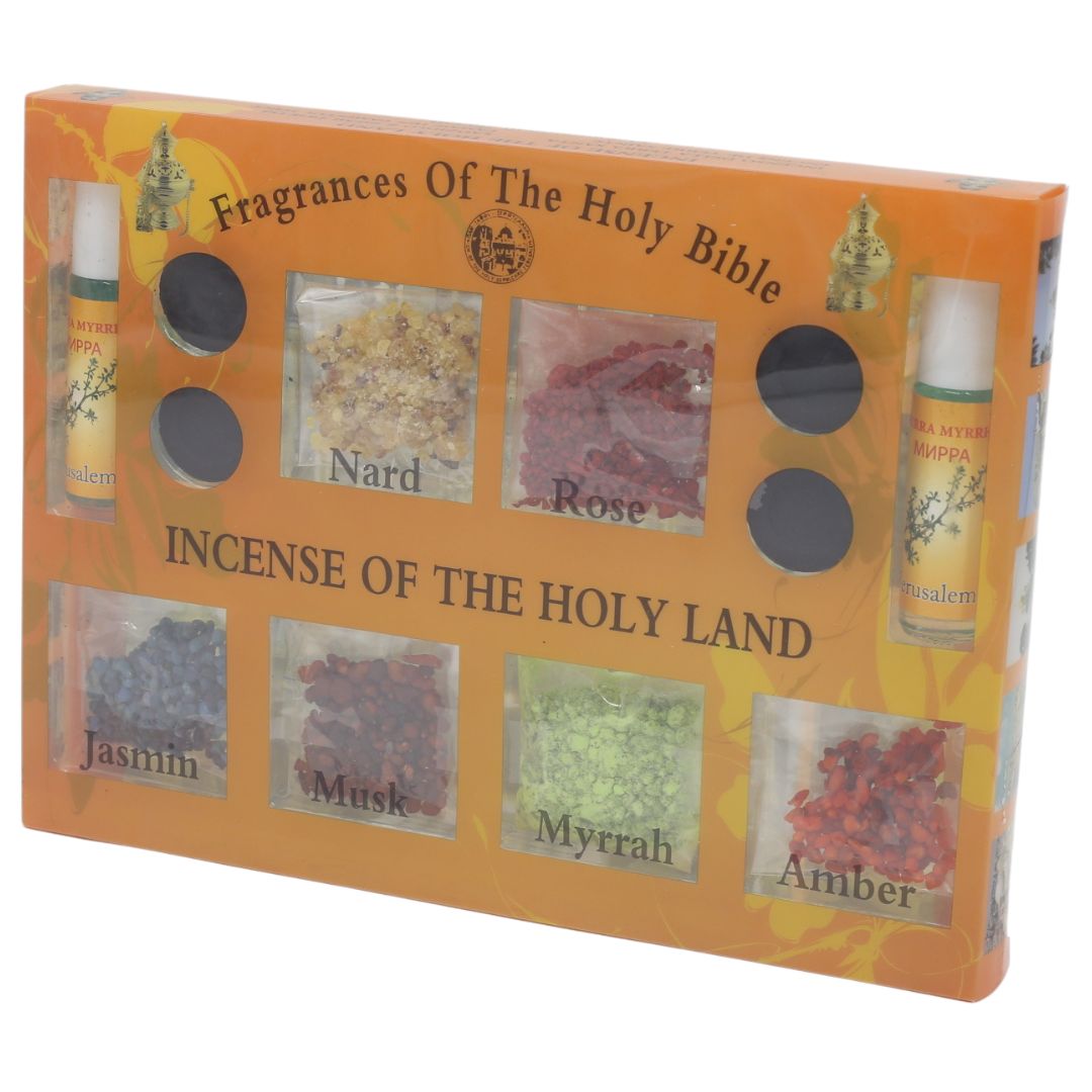 Holy Land Incense kit: 7 fragrances Nard Rose, Jasmin, Musk, Myrrah, Amber, Anointing Oils and charcoal Incenses