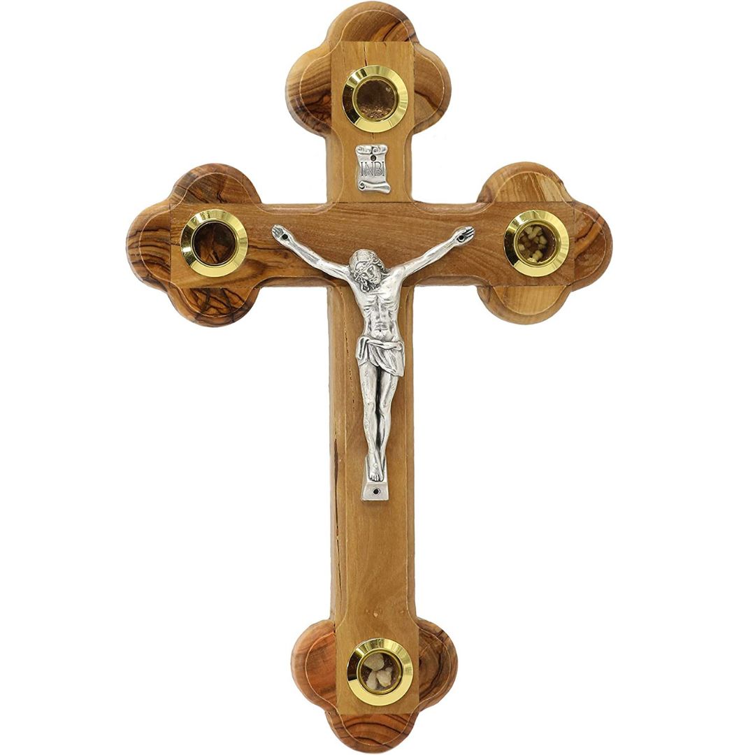 Handmade Olive Wood Crucifix Wall Cross 4 Lenses Nativity Scene Orthodox from Holy Land (4 Sizes)