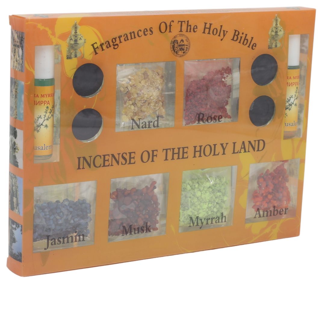 Holy Land Incense kit: 7 fragrances Nard Rose, Jasmin, Musk, Myrrah, Amber, Anointing Oils and charcoal Incenses