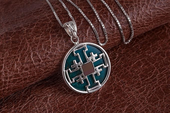 Nano Sim New Testament Round Silver Pendant The Jerusalem Cross Studded with Roman Glass