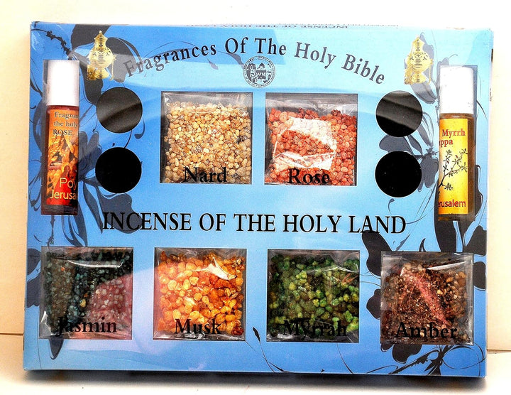 Holy Land Incense Set: 7 Fragrances (Nard, Rose, Jasmine, Musk, Myrrh, Amber), 2 Anointing Oils, and 4 Charcoal Tablets