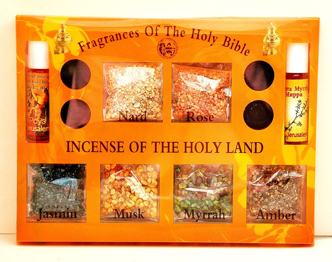 Holy Land Incense Set: 7 Fragrances (Nard, Rose, Jasmine, Musk, Myrrh, Amber), 2 Anointing Oils, and 4 Charcoal Tablets