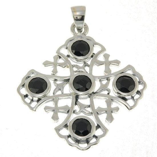 Jerusalem Cross Sterling Silver 925 Pendant With White Gemstones