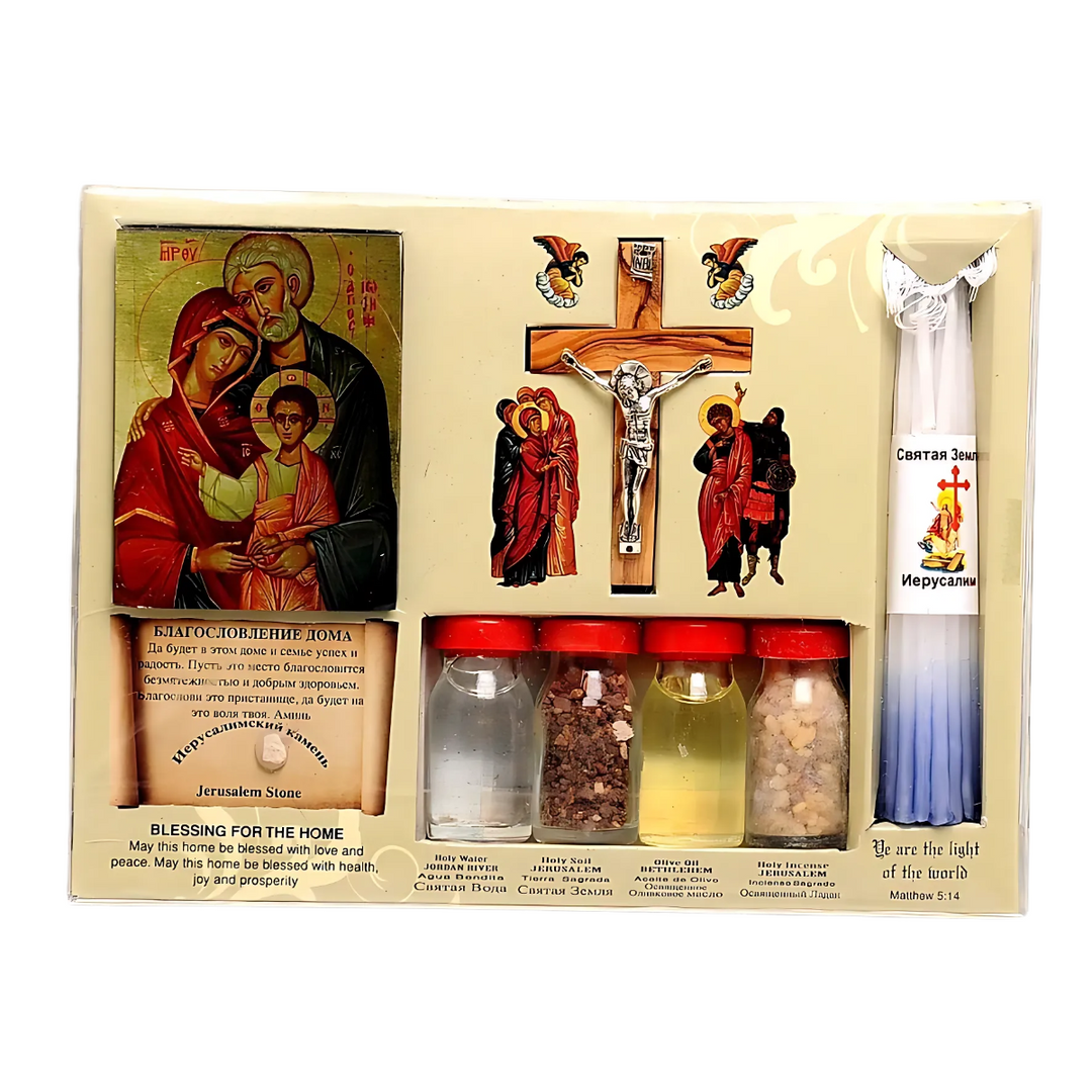 Home Blessing Kit Bottles, Cross & Candles from The Holy Land Jerusalem