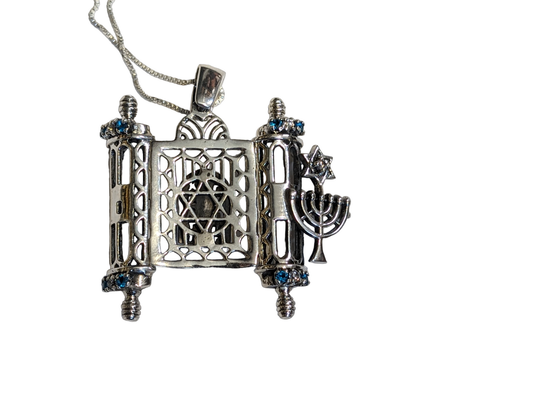 Torah bible scroll necklace Ten Commandments handmade judaica work inlaid with colorful crystals