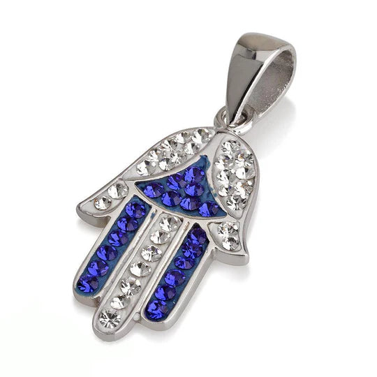 Hamsa Silver Pendant  Gemstones + 925 Sterling Silver Chain