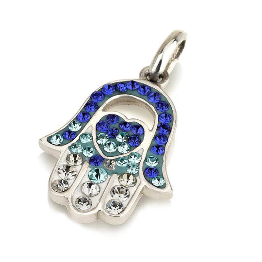 Hamsa Silver Pendant with Gemstones - in 925 Sterling Silver Chain