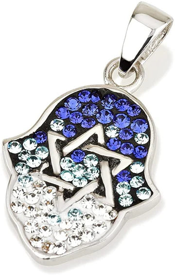 Hamsa Pendant in Sterling Silver With Blue Colors Crystals Gemstones