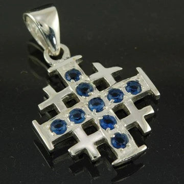 Jerusalem Cross Silver Pendant with Gemstones + 925 Silver Necklace