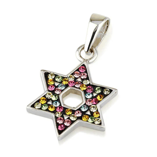 Star of David Pendant with Gemstones - Multi-Color Gemstone, Colorful Gemstones, Pink Gemstones, White Gemstones, Blue Gemstones in 925 Sterling Silver Necklace