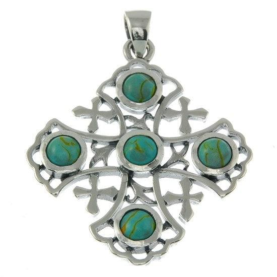 Jerusalem Cross Sterling Silver 925 Pendant With White Gemstones