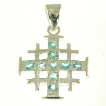 Jerusalem Cross Silver Pendant with Gemstones + 925 Silver Necklace