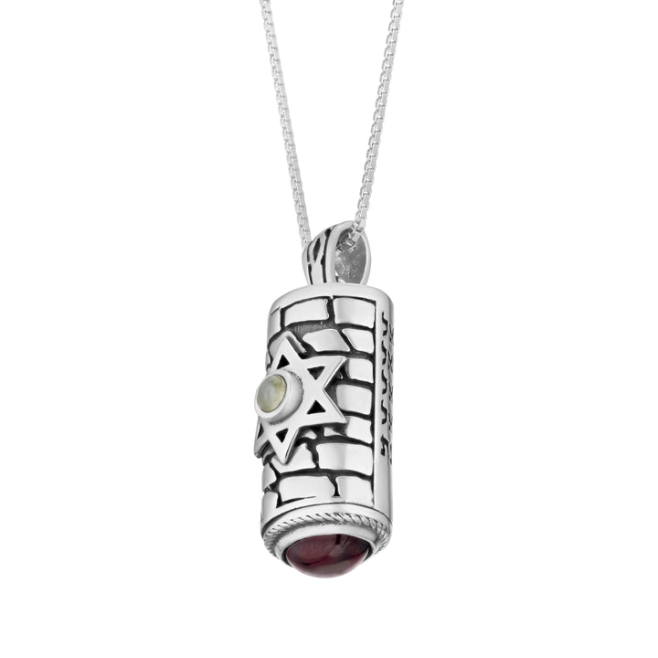 Star of David Mezuzah scrollwork large pendant necklace, Judaica mens Torah pendant silver, Inlaid with Garnet and Cat eye