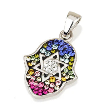 Hamsa Pendant in Sterling Silver With Blue Colors Crystals Gemstones