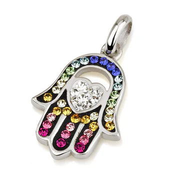 Hamsa Silver Pendant with Gemstones - in 925 Sterling Silver Chain