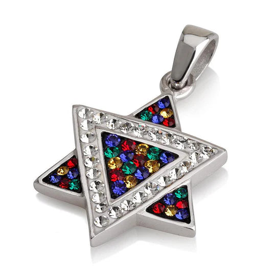 Star of David Pendant with Gemstones - Blue & White, Black & White, Multi-Color & White in Sterling Silver Necklace