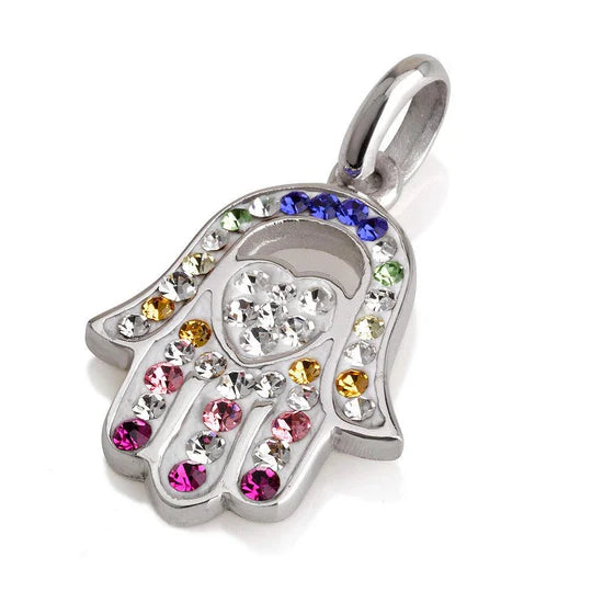 Hamsa Silver Pendant with Gemstones - in 925 Sterling Silver Chain