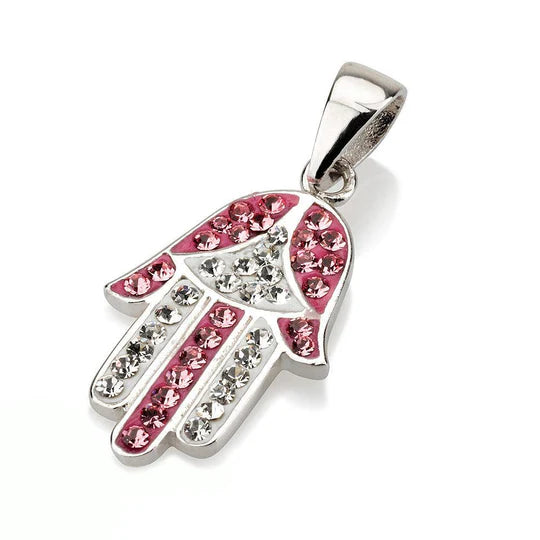 Hamsa Silver Pendant  Gemstones + 925 Sterling Silver Chain