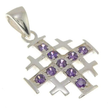 Jerusalem Cross Silver Pendant with Gemstones + 925 Silver Necklace