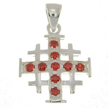 Jerusalem Cross Silver Pendant with Gemstones + 925 Silver Necklace