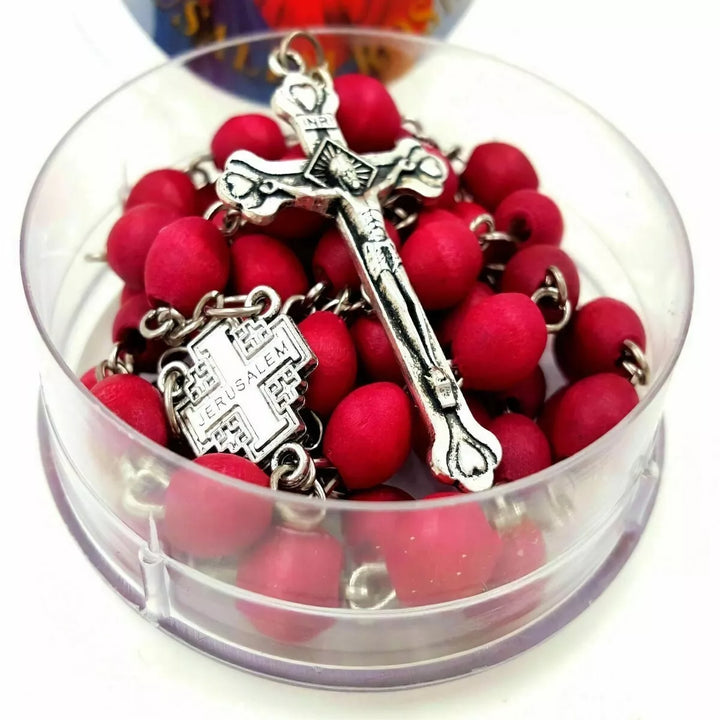 Catholic Red Rosel Rosary Necklace - Holy Wooden Beads with Silver Cross