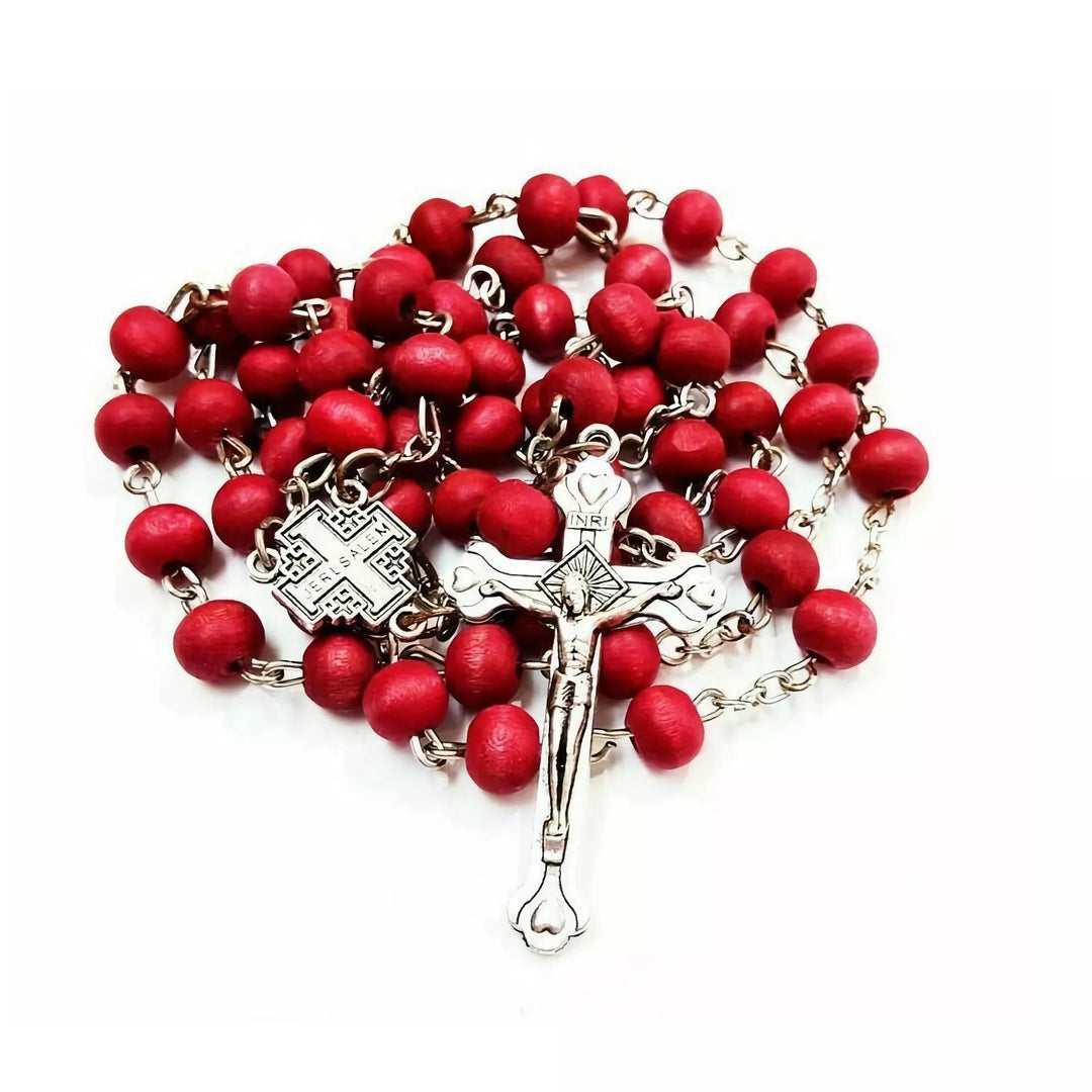 Catholic Red Rosel Rosary Necklace - Holy Wooden Beads with Silver Cross