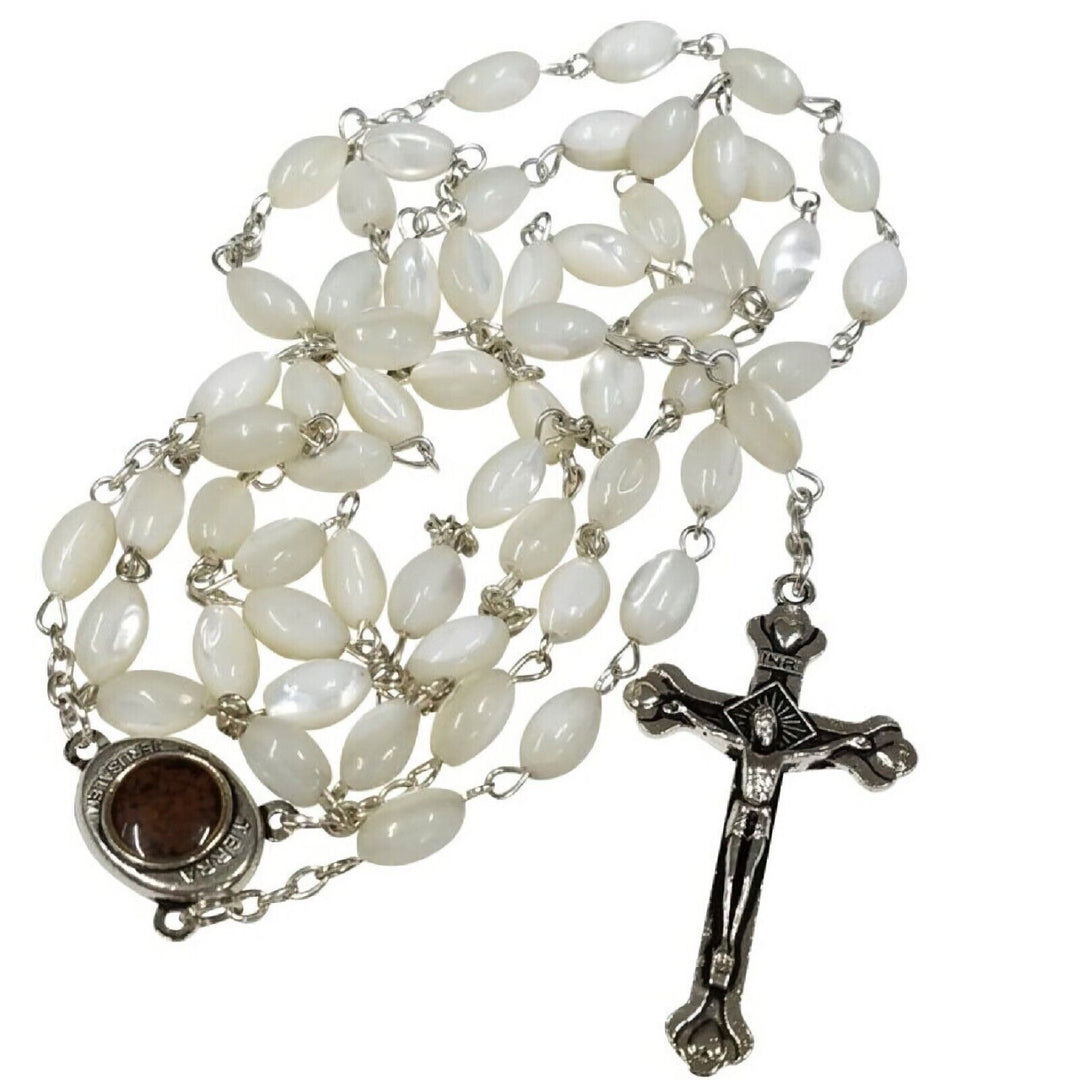 Mother of Pearl Catholic Rosary Jerusalem Holy Soil Medal and Cross