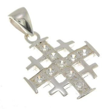 Jerusalem Cross Silver Pendant with Gemstones + 925 Silver Necklace