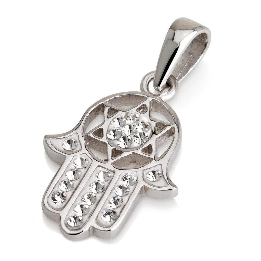 Hamsa Pendant in Sterling Silver With Crystals Gemstones + 925 Sterling Silver Chain