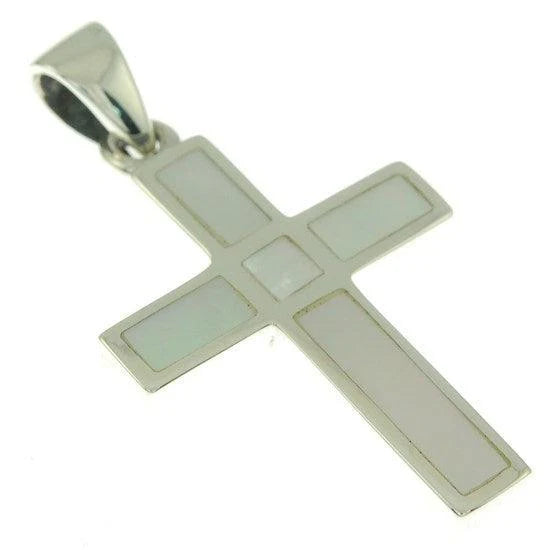 Christian Cross Pendant in Abalone Color + 925 Silver Necklace