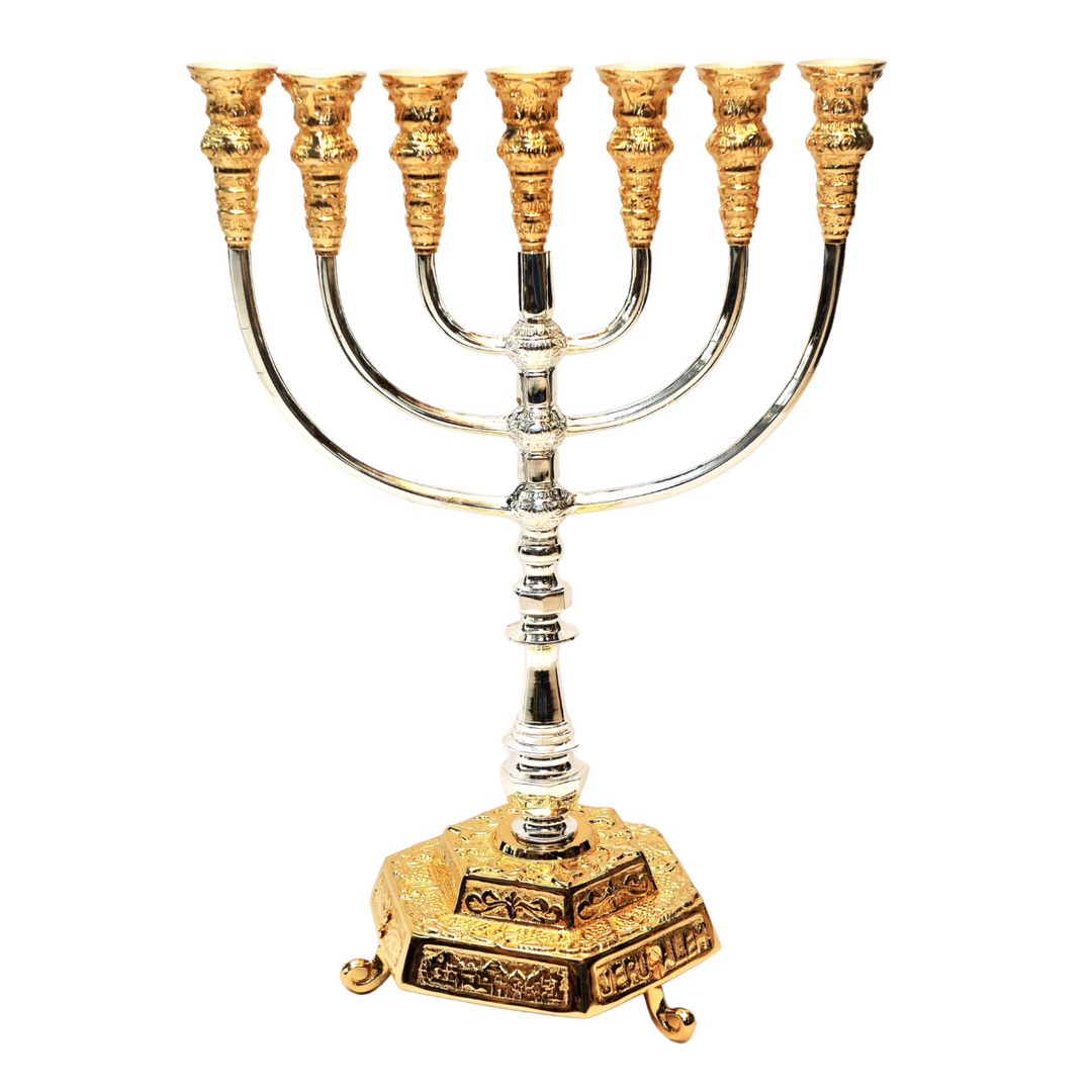 Temple Menorah Gold and Silver Plated Candle Holder from Jerusalem 18.5″ / 47 cm