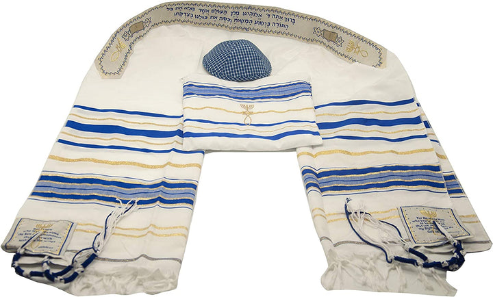 Messianic Tallit Prayer Shawl Covenant in English/Hebrew with Bag and Kippah