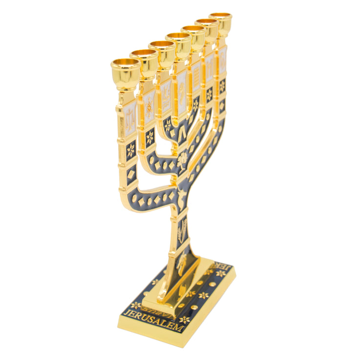 Enameled menorah in sterling silver of 12 tribes of Israel