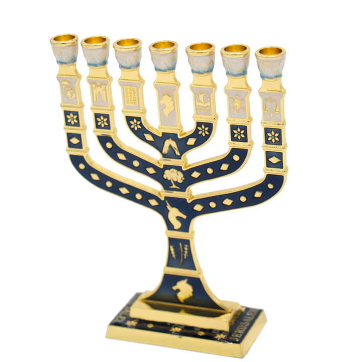 Enameled menorah in sterling silver of 12 tribes of Israel