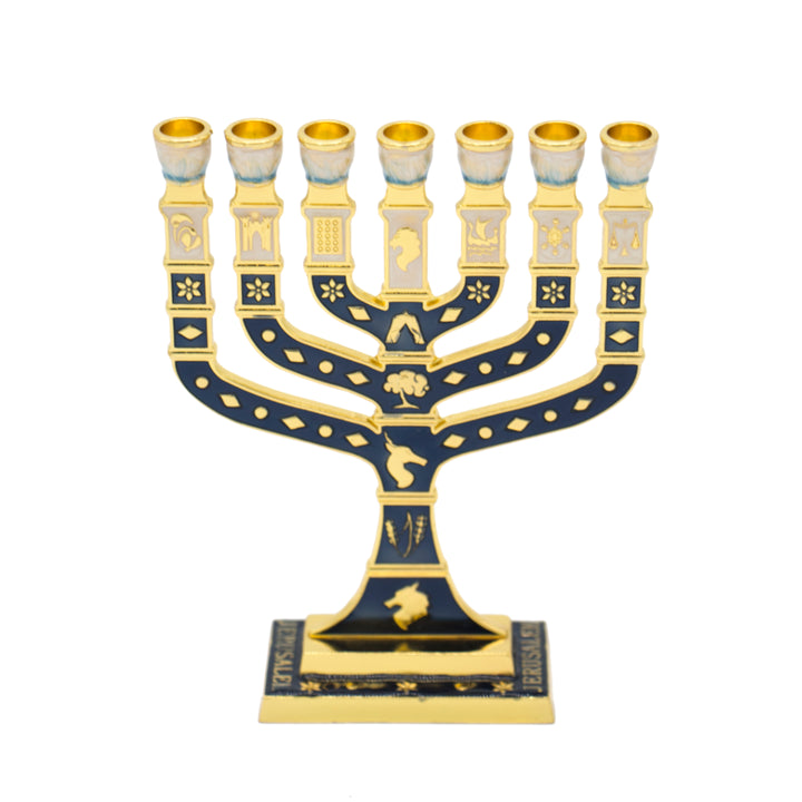 Enameled menorah in sterling silver of 12 tribes of Israel