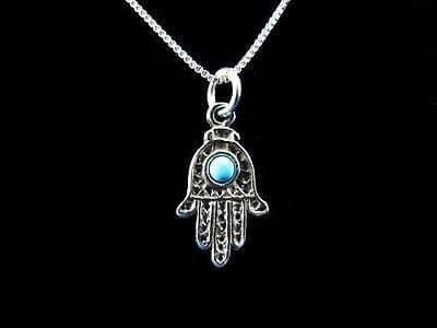 Filigree Opal Hamsa Sterling Silver Charm Necklace.