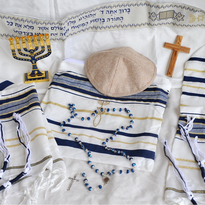 Home Blessing Package: Messianic Tallit Prayer , Anointing oil 100 ml Frankincense Myrrh & Spikenard, Crystal Rosary beads, Olive wood Cross ,12 tribes Jewish menorah Enamel