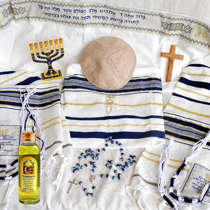 Home Blessing Package: Messianic Tallit Prayer , Anointing oil 100 ml Frankincense Myrrh & Spikenard, Crystal Rosary beads, Olive wood Cross ,12 tribes Jewish menorah Enamel