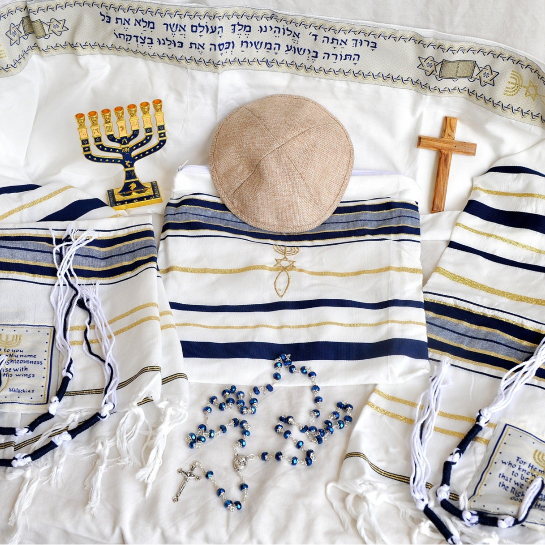 Home Blessing Kit of Messianic Tallit Prayer Shawl with a Holy kippah and a bag, Crystal Rosary, Olive wood Cross and Enamel 12 tribes Jewish menorah From The Holy Land Jerusalem