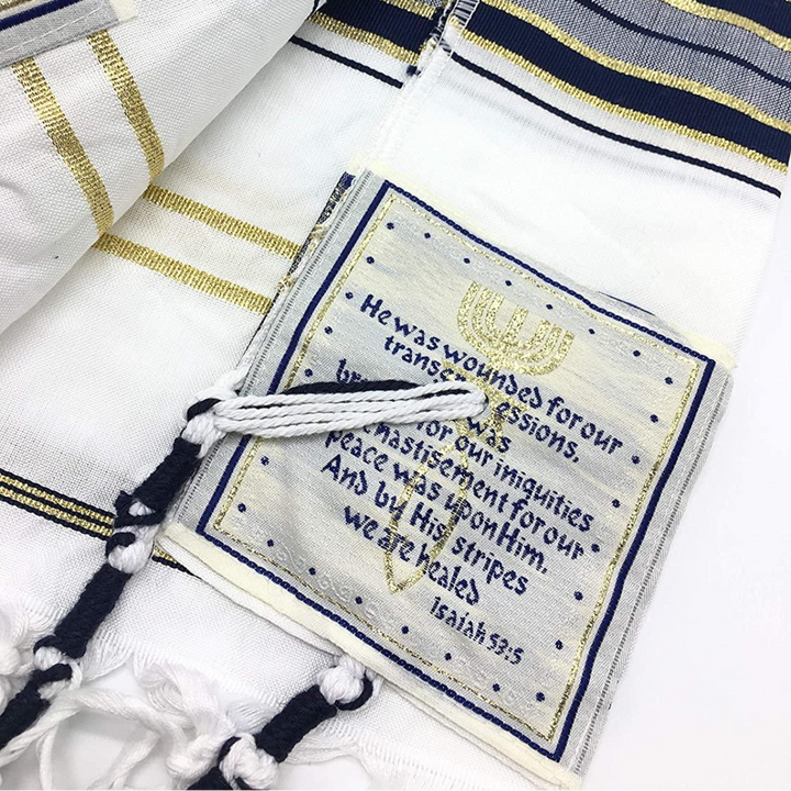 Home Blessing Kit of Messianic Tallit Prayer Shawl with a Holy kippah and a bag, Crystal Rosary, Olive wood Cross and Enamel 12 tribes Jewish menorah From The Holy Land Jerusalem