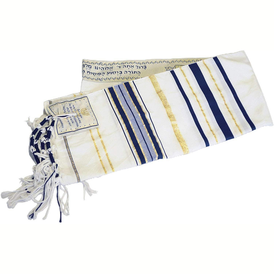 Home Blessing Kit of Messianic Tallit Prayer Shawl with a Holy kippah and a bag, Crystal Rosary, Olive wood Cross and Enamel 12 tribes Jewish menorah From The Holy Land Jerusalem